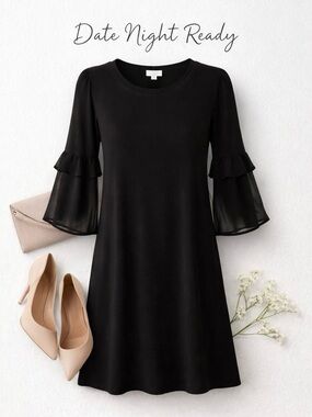 LC Lauren Conrad Black Bell Sleeve Dress Sheer Ruffle Sleeve Shift Dress LBD